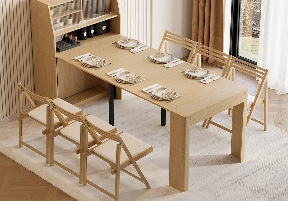 Farmhouse Extendable Rectangular Natural Dining Table with Sideboard, Seats 4-5