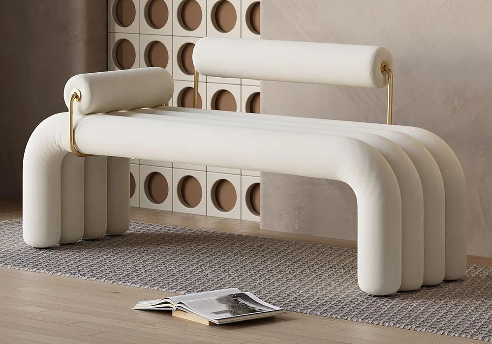 Modern White Line Tufted Bench Velvet Upholstered Entryway Bench in Gold Finish