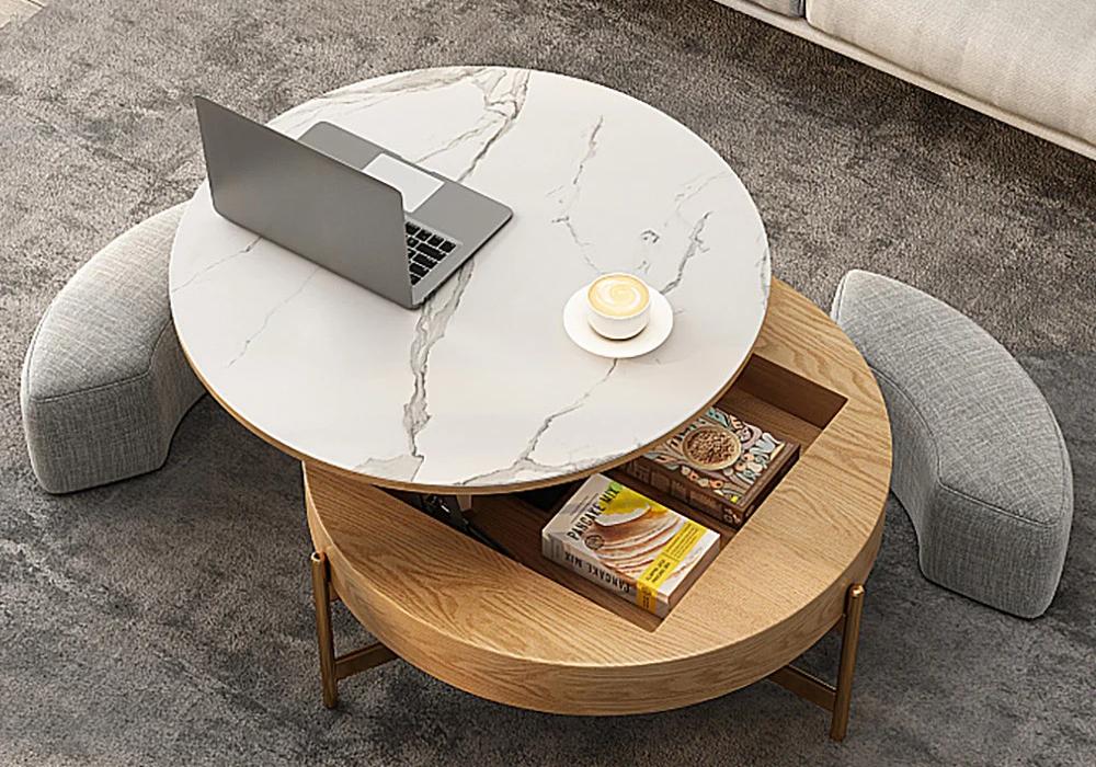 Modern Round Lift-Top Coffee Table Set with 3 Ottomans & Tempered Glass Top