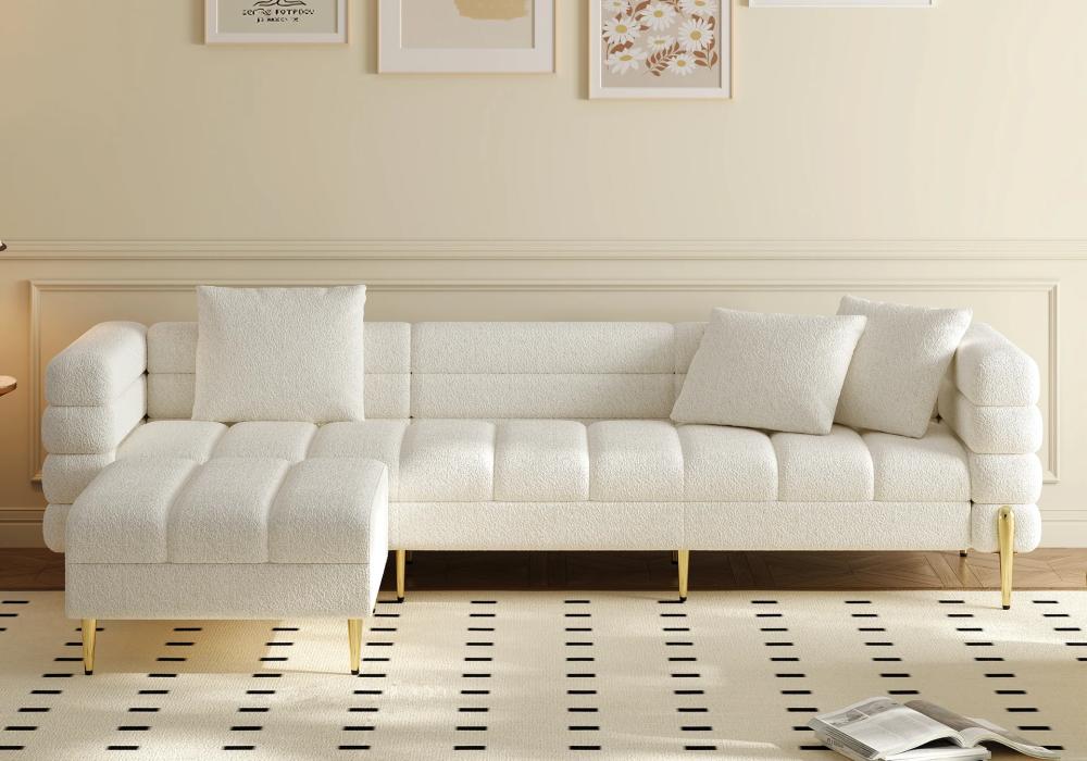 2-Piece Boucle Sectional Sofa with Ottoman, Gold Legs & Pillows