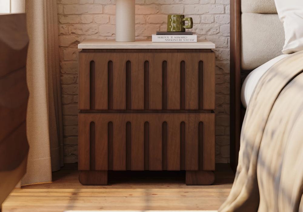 Ash Wood 2-Drawer Nightstand with Faux Travertine Top Set of 2