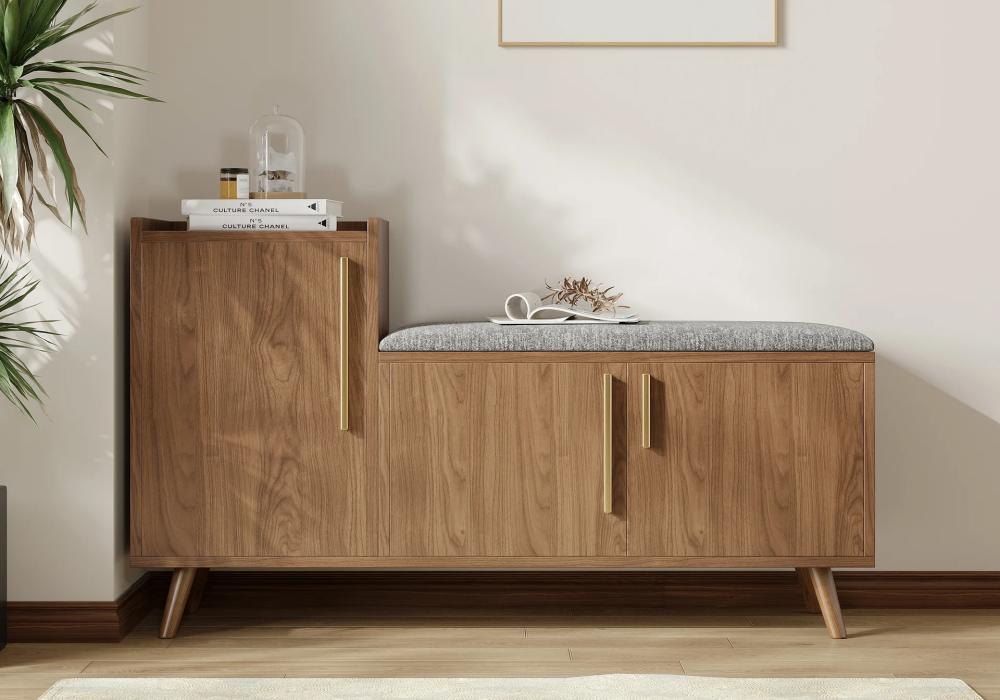 Walnut Wooden Shoe Storage Bench with Left-Side Cabinet for Entryway