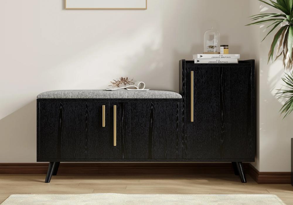 Black Wooden Shoe Storage Bench with Right-Side Cabinet for Entryway