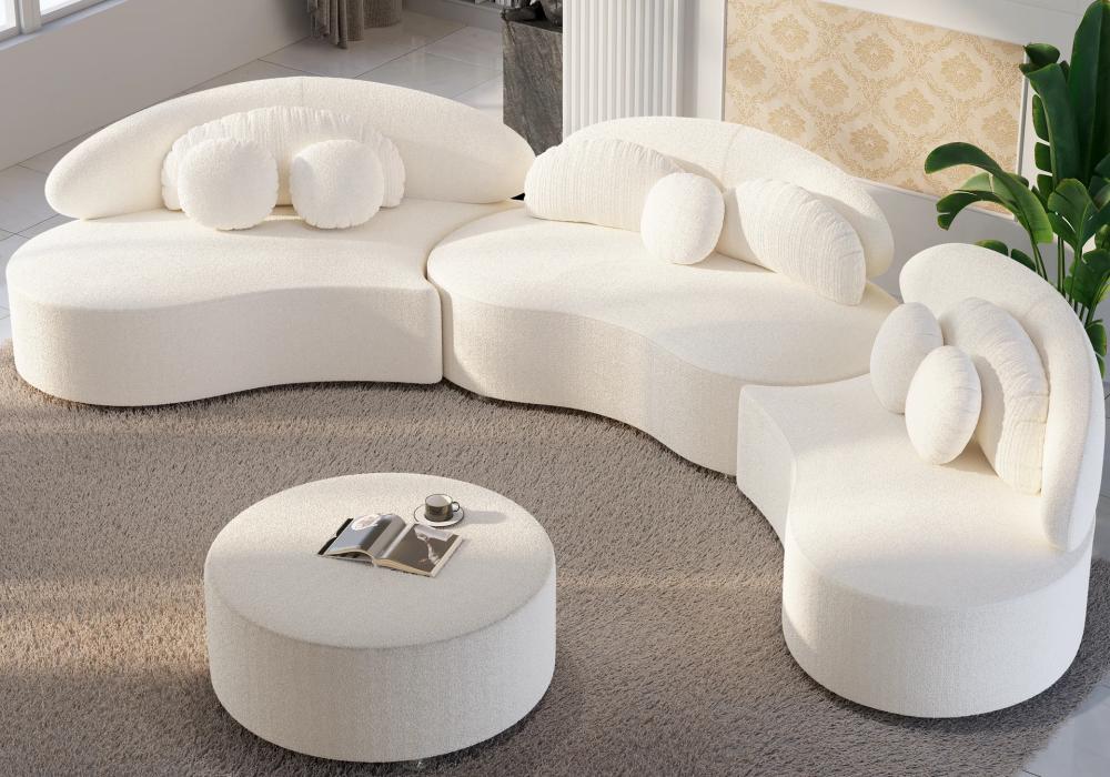 4-Piece Curved Boucle Sectional Sofa with Ottoman & Pillows