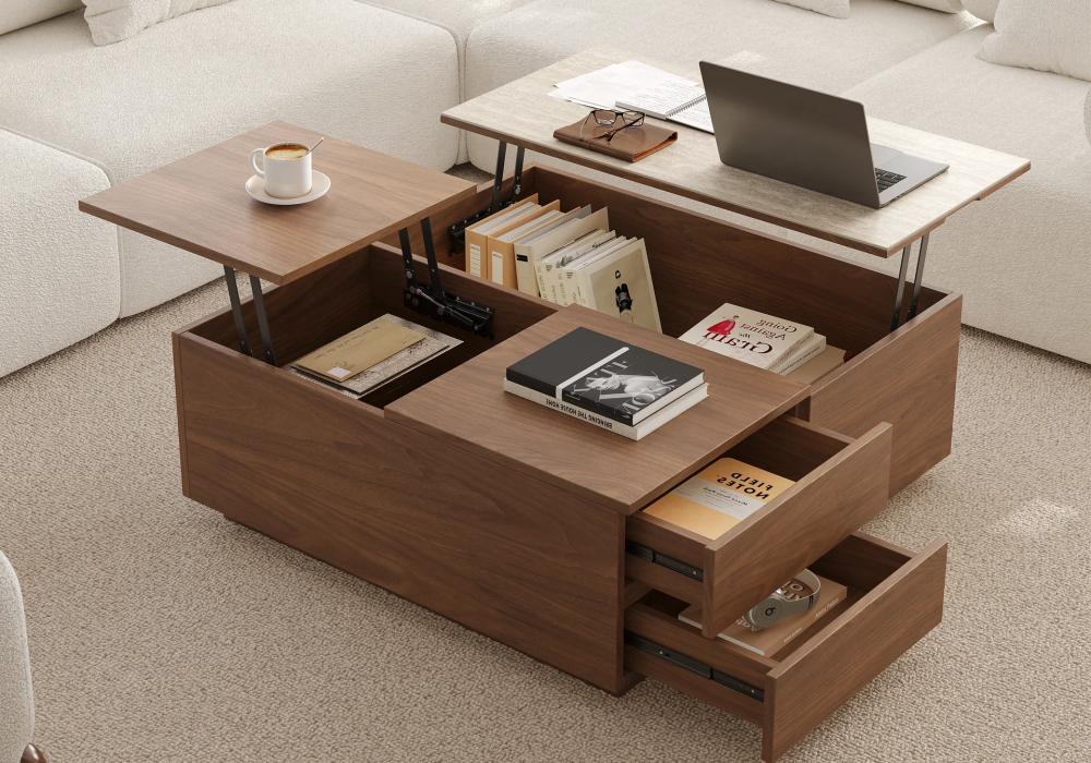 Square Dual Lift-Top Walnut Coffee Table with Sintered Stone Top & Storage
