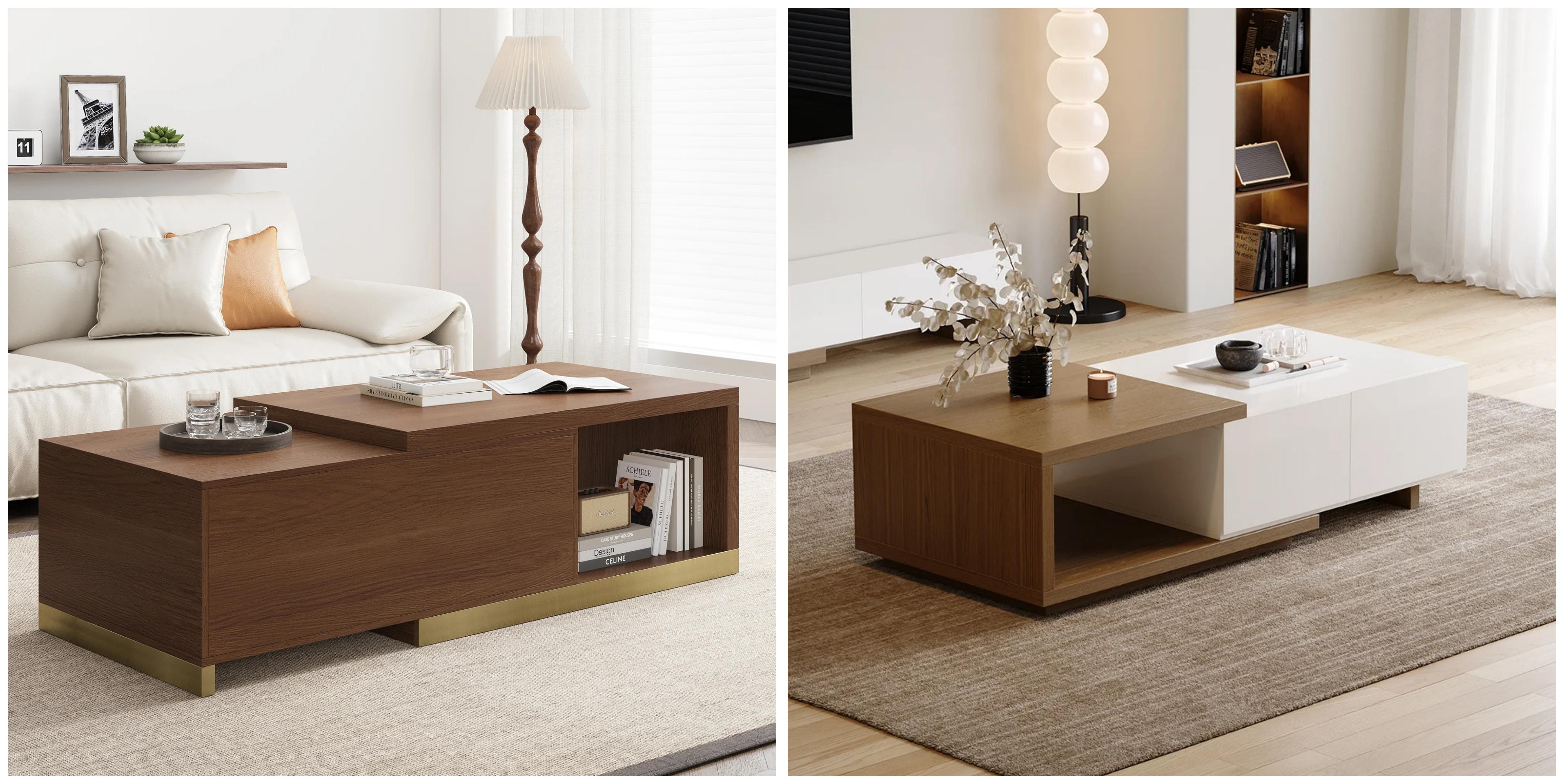 Mordel Rectangle Extendable Walnut Wood Coffee Table with Storage and Quoint Extendable Coffee Table with 2 Drawers
