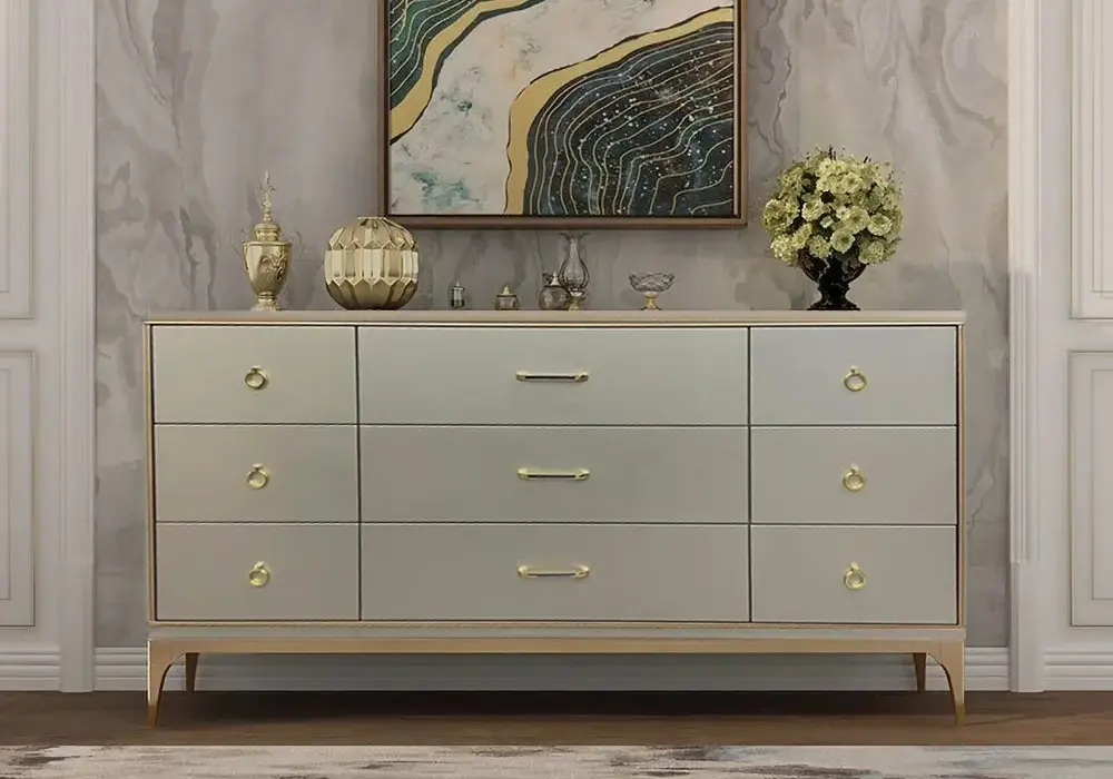 Contemporary 9-Drawer Champagne Bedroom Dresser for Storage in Gold