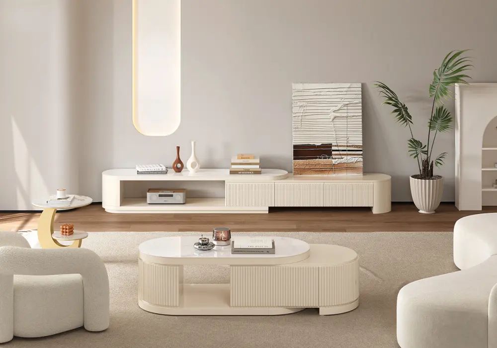 Velar Extendable Fluted TV Stand with Sintered Stone Top & 3 Drawers
