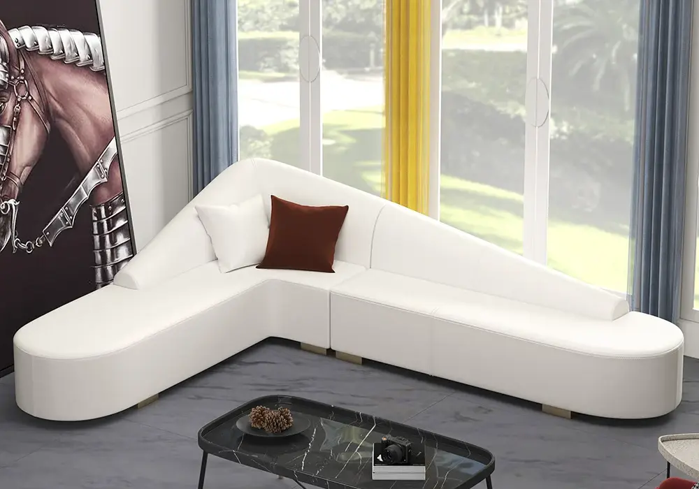 White Modern L-Shaped Corner Sectional Sofa for Living Room Faux Leather Upholstery