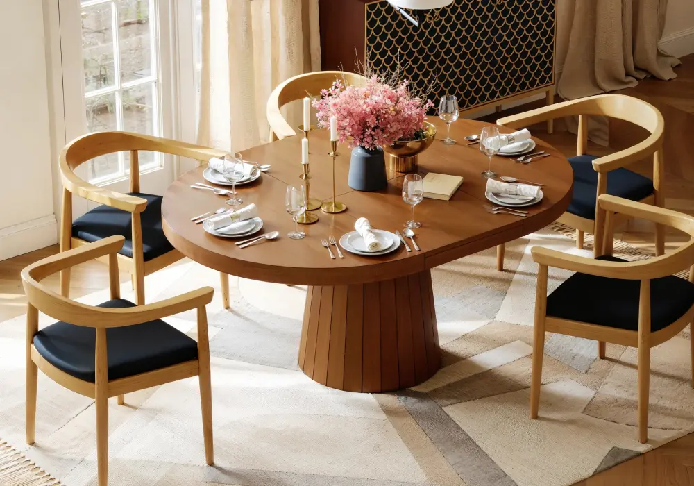 Japandi Extendable Round-to-Oval Wood Dining Table–Walnut
