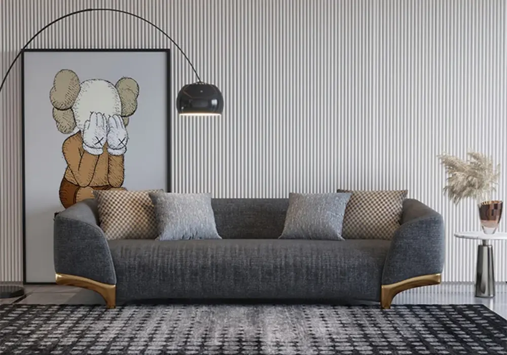 Gray 3-Seat Cotton & Linen Upholstered Sofa with Pillows Gold Legs
