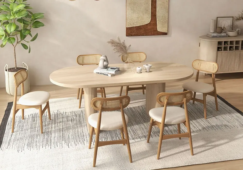 Japandi Modern Natural PU Leather Upholstered Dining Chair with Wooden Legs