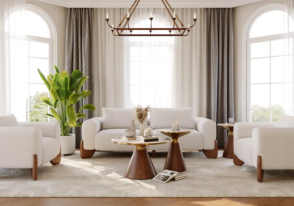 Curva White Boucle Upholstered Wood Legs 2-Seat Sofa