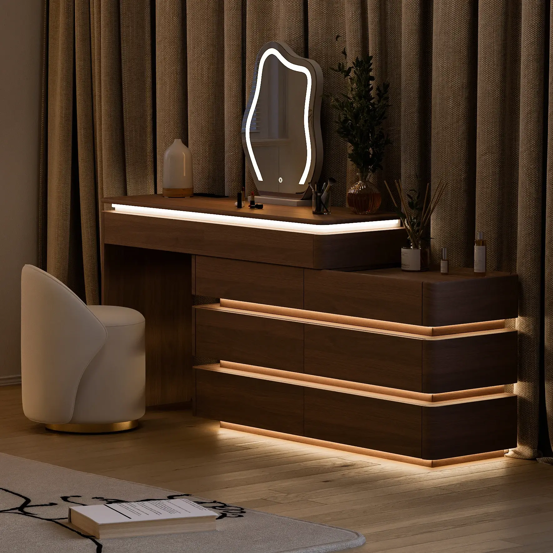 Lumio Walnut Rotating Lighted Makeup Vanity Set with Charging Station & Mirror