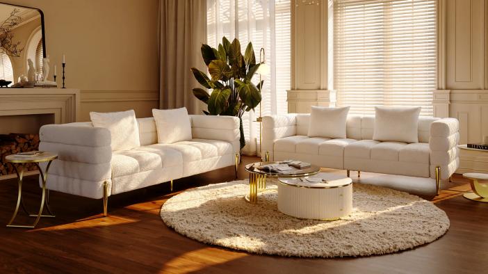 Axial Boucle Fluted Sofa with Gold Legs & Pillows