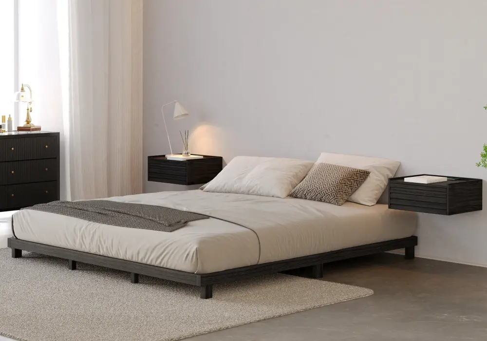 Japanese Style King Floor Wood Bed in Black