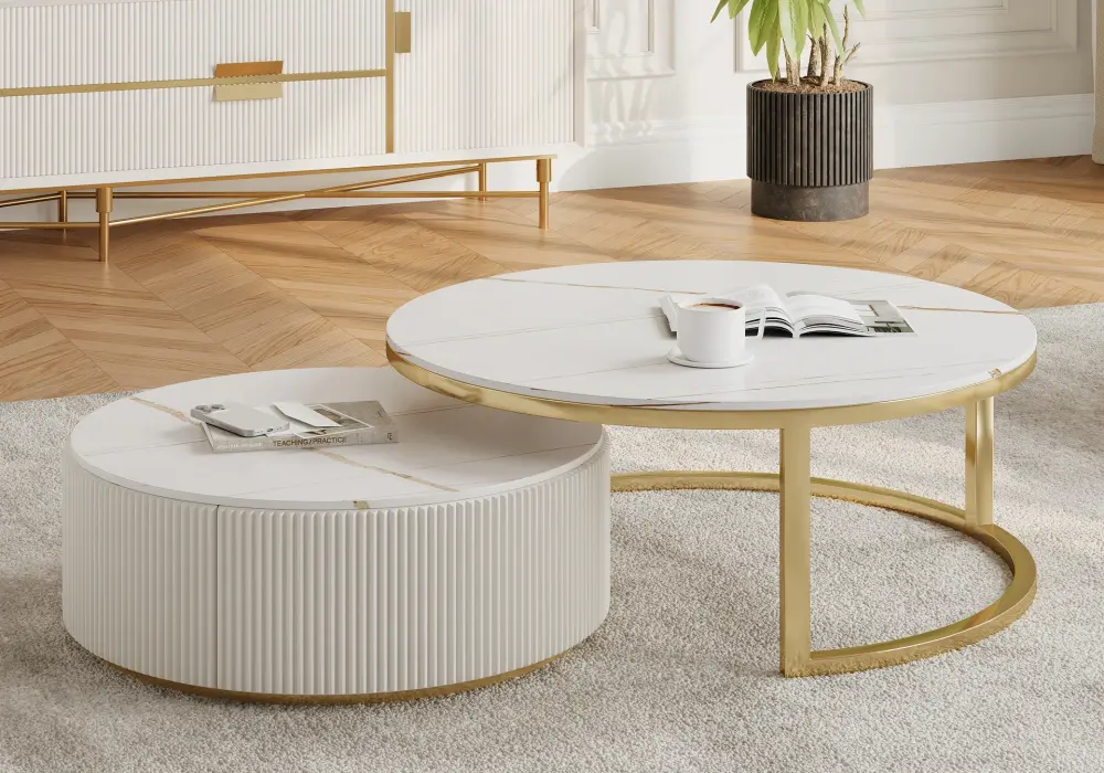 Round Nesting Coffee Table Set with Sintered Stone Top & Drawer
