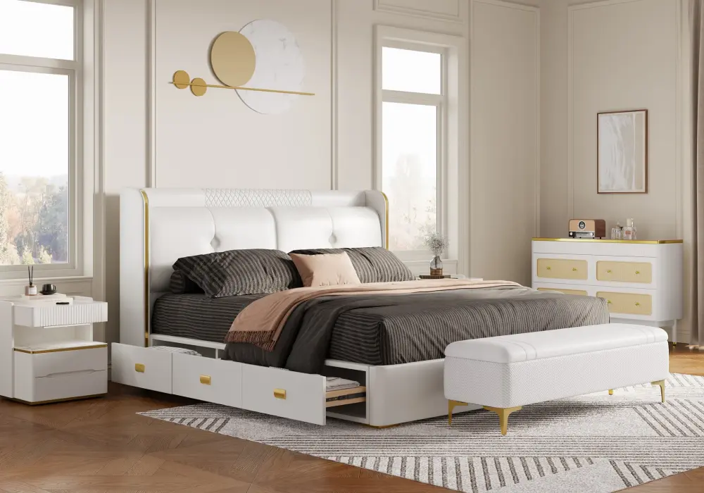 King Size Leather Wingback Bed with Drawers