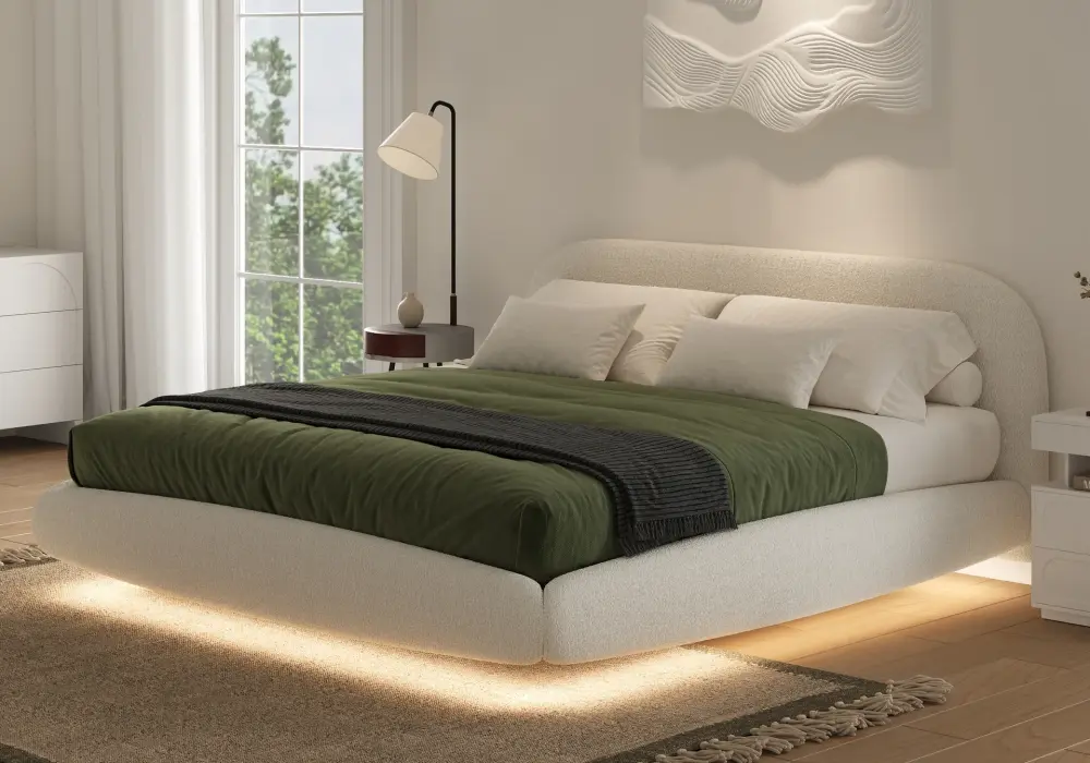 Queen Size Boucle Floating Upholstered Bed with Light