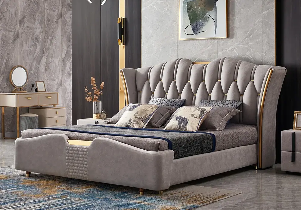 Luxury King Gray Leather Bed with Tufted Wingback Headboard