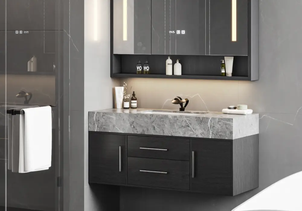 Black Floating Bathroom Vanity Set with LED Medicine Cabinet