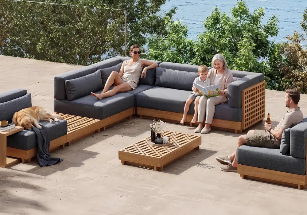Grida 9-Piece Outdoor Teak Modular Sectional Sofa Set with Coffee Table in Gray