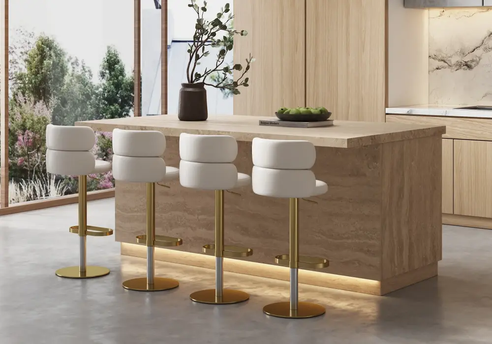 Japandi Wood Kitchen Island with 2 Counter Stools