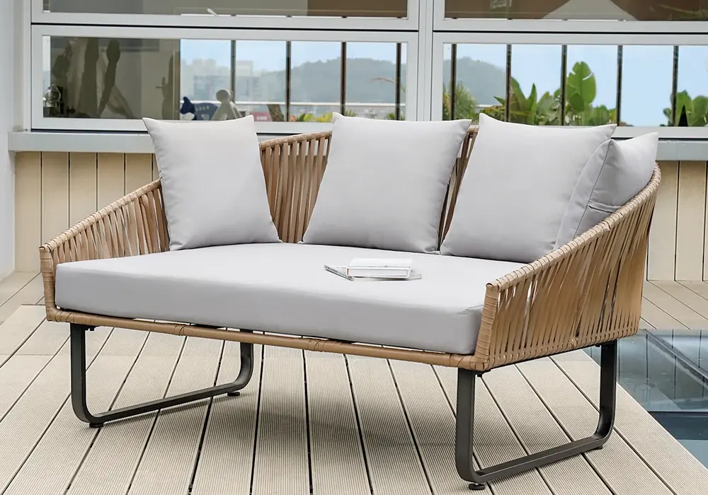Rattan Outdoor Daybed with Gray Cushion Pillow & Aluminum Frame