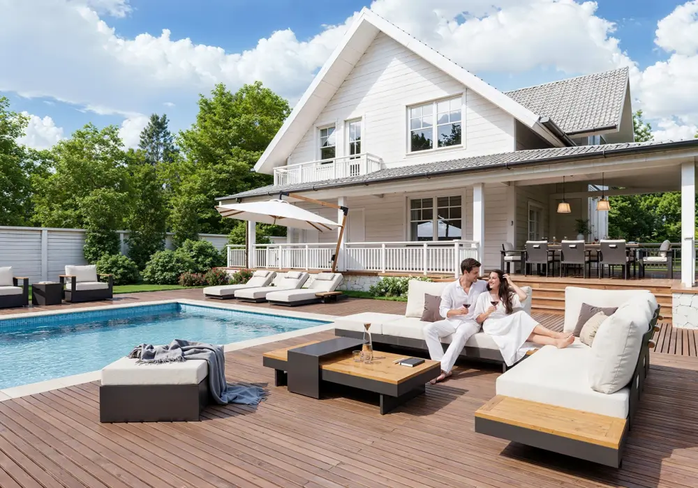 Tevara 4-Piece Outdoor Teak & Aluminum Modular Sofa Set for 6 in Ivory with Black Cover