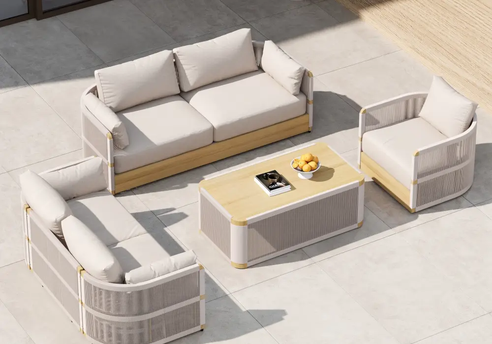 4-Piece Outdoor Rope Weave Swivel Sofa Set with Coffee Table in Ivory for 6