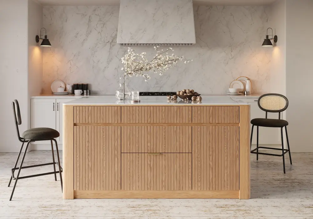 Mid-Century Modern Glossy Sintered Stone Top Kitchen Island with Storage, Natural