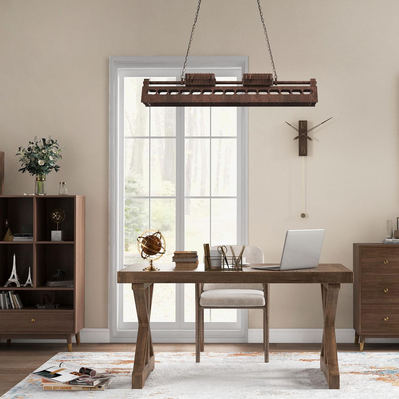 Bureau rectangulaire moderne 120 cm finition noyer avec base en pin massif image de fenêtre