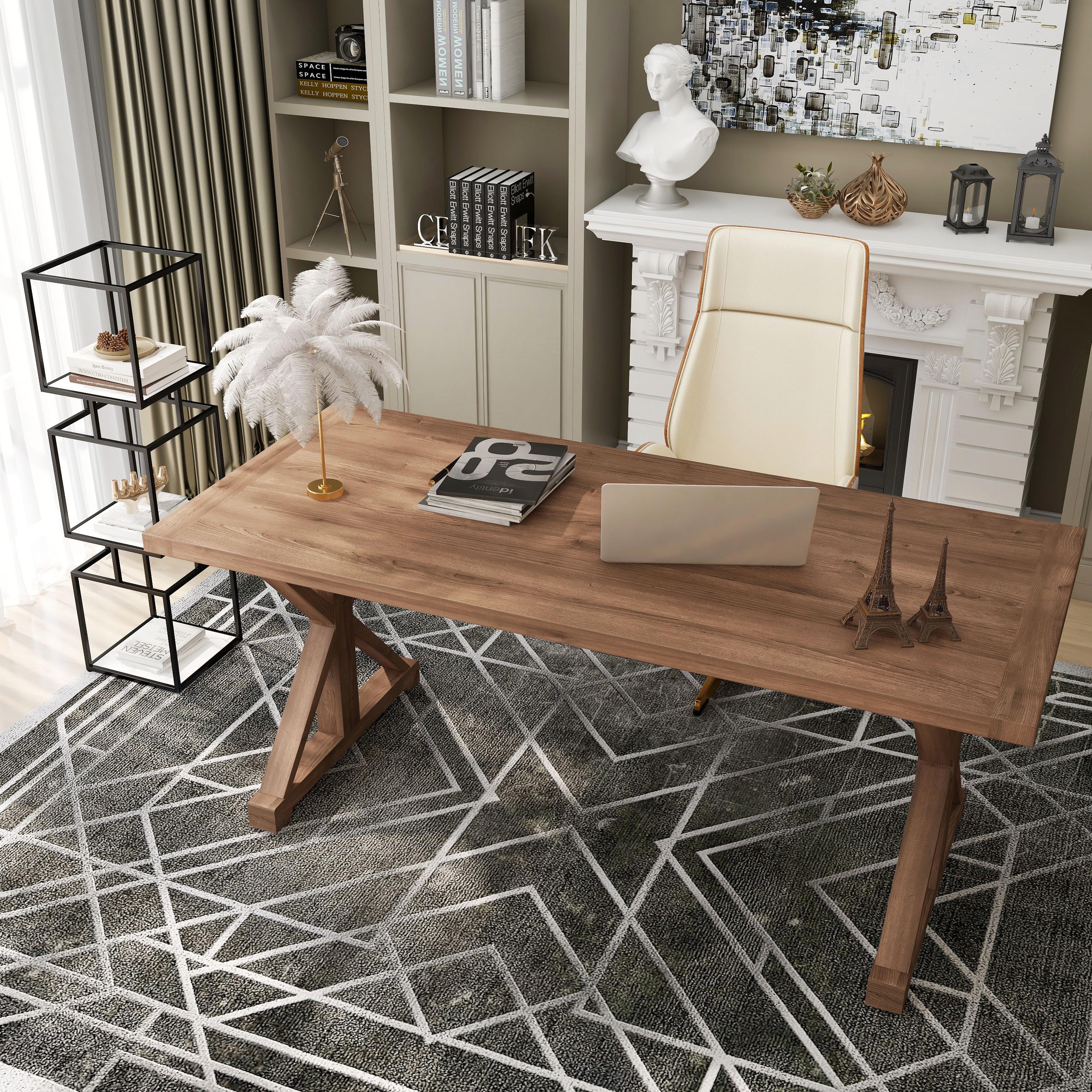 Bureau rectangulaire moderne 120 cm finition noyer avec base en pin massif image de fenêtre