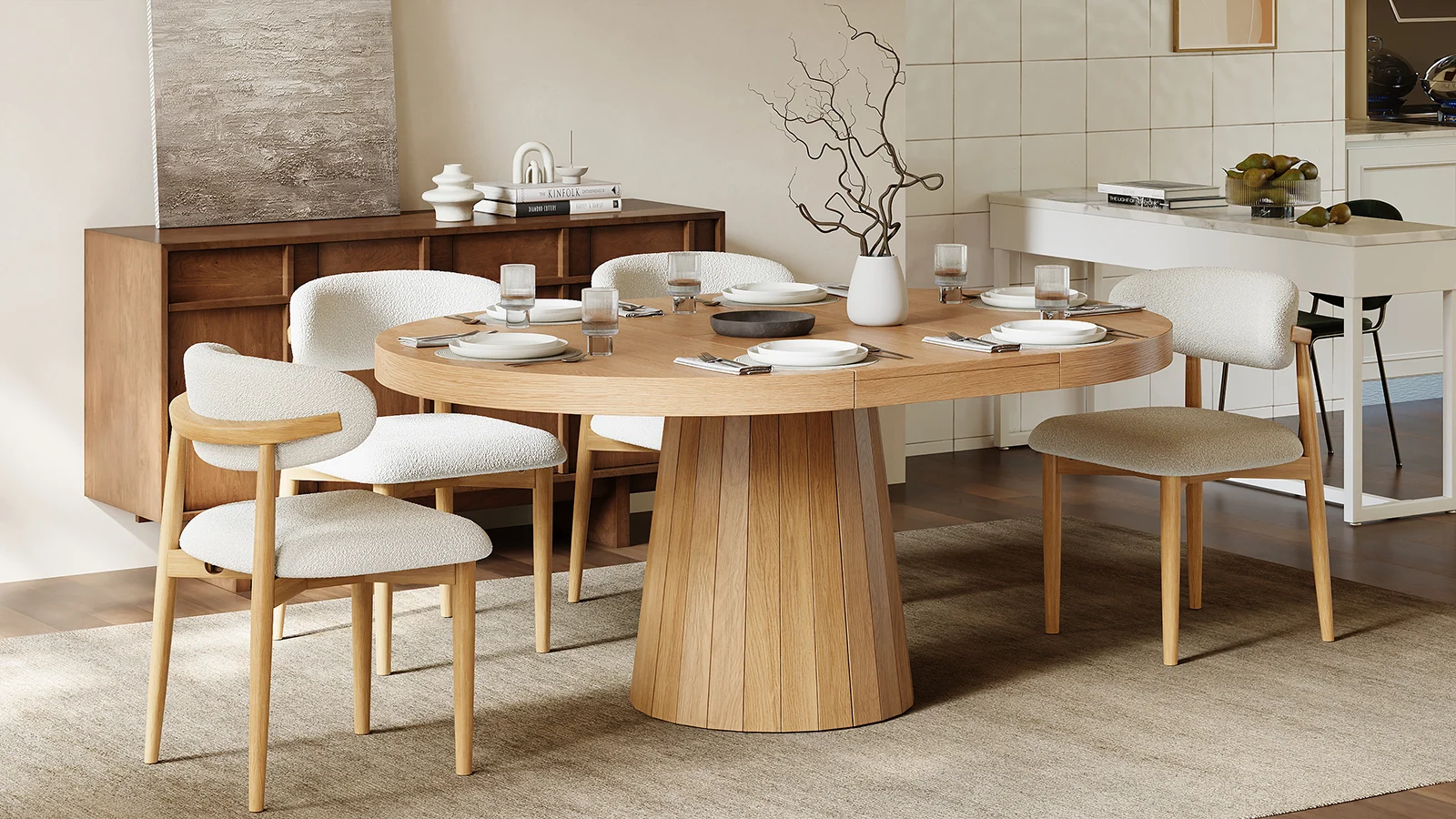 Minimalisme doux dans une salle à manger en bois chaleureux