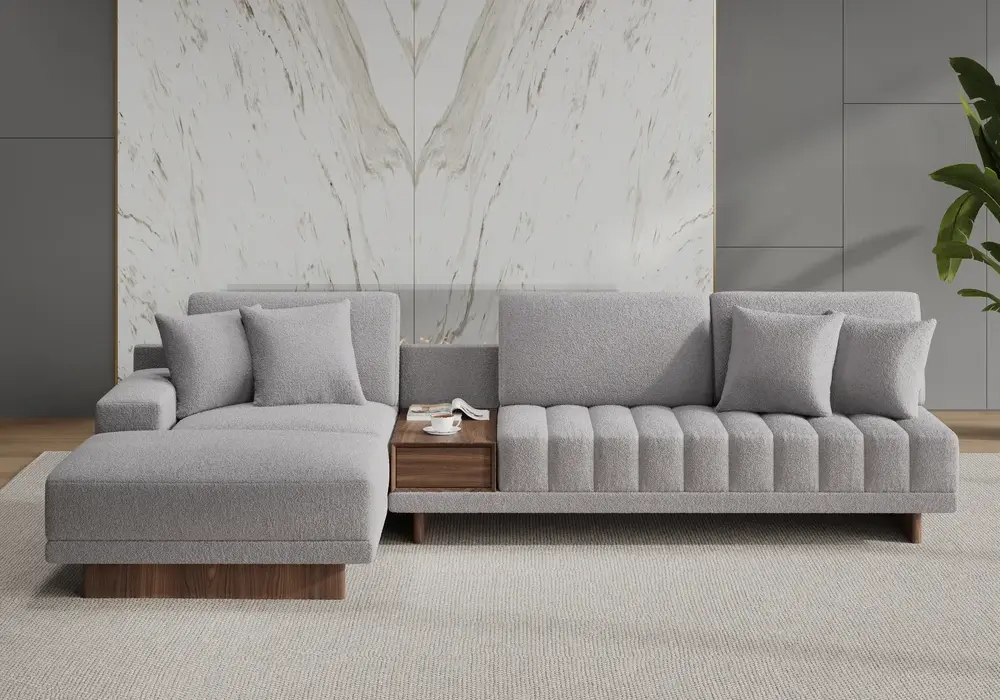 126" L-Shaped Gray Modular Sectional Sofa with Storage Side Table and Ottoman