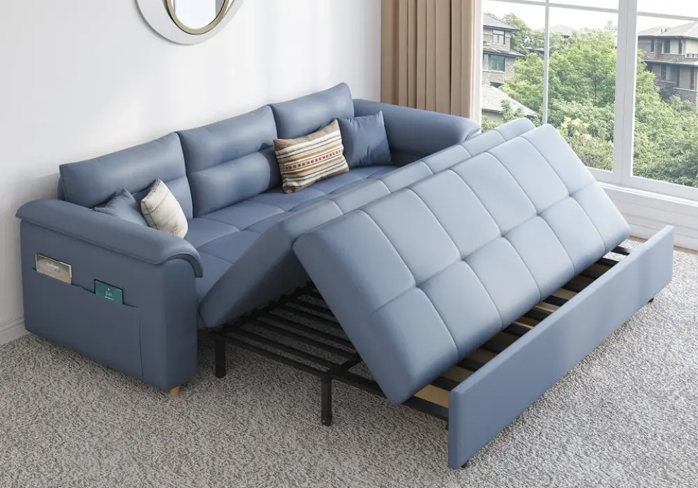 1880 mm Full 2-Seater Faux Leather Sleeper Sofa with Storage and Side Pockets