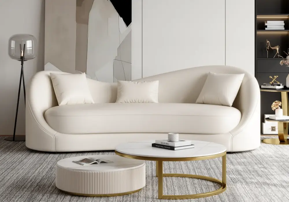2134 mm Performance Leather Curved Upholstered Sofa with Pillows