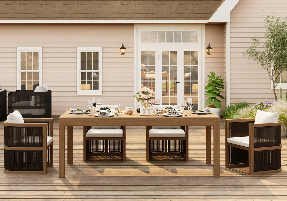 Wevara Walnut-Finished Aluminum Slatted Outdoor Dining Table