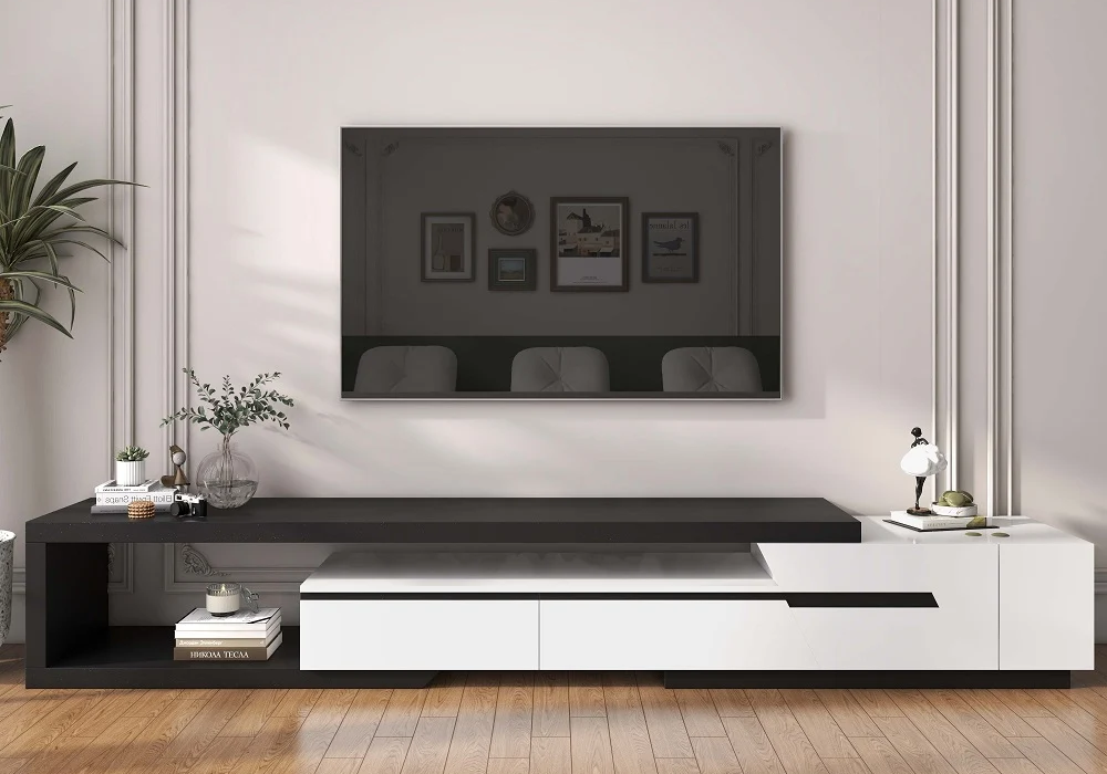 Pinkle Modern Extendable TV Stand White & Black with Storage & Bookshelf & Drawer