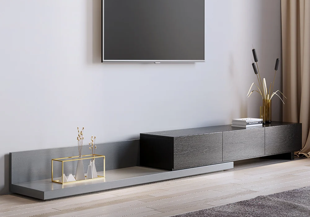 Crator Wood Modern Extendable TV Stand Black and Gray Media Console with 3-Drawers