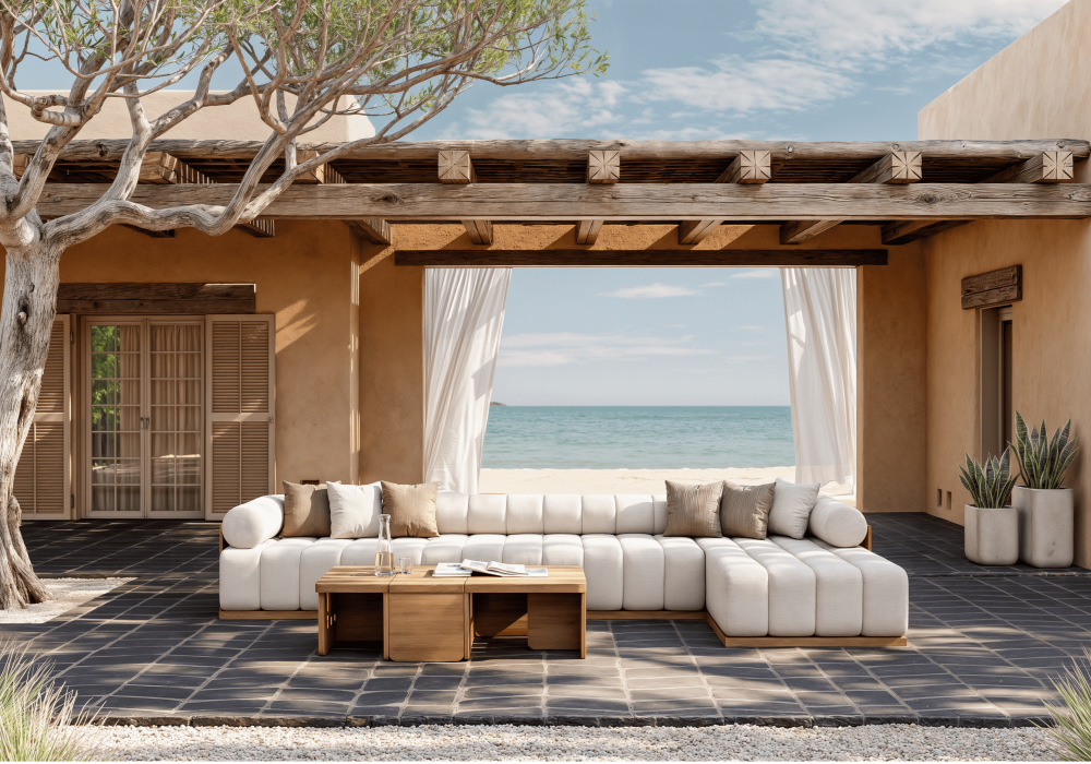 Modern & Minimalist Outdoor Design in White / Beige / Green / Wood Tones with Wooden / Cotton / Rattan