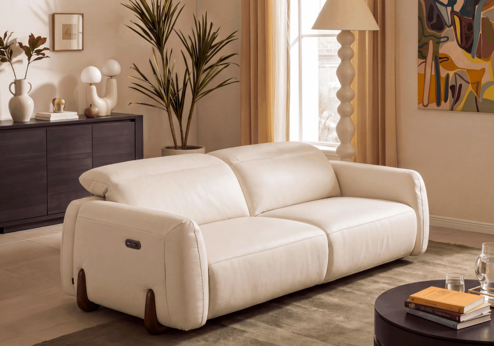 Curva 2159 mm Genuine Leather Power Reclining Sofa with Adjustable Headrest