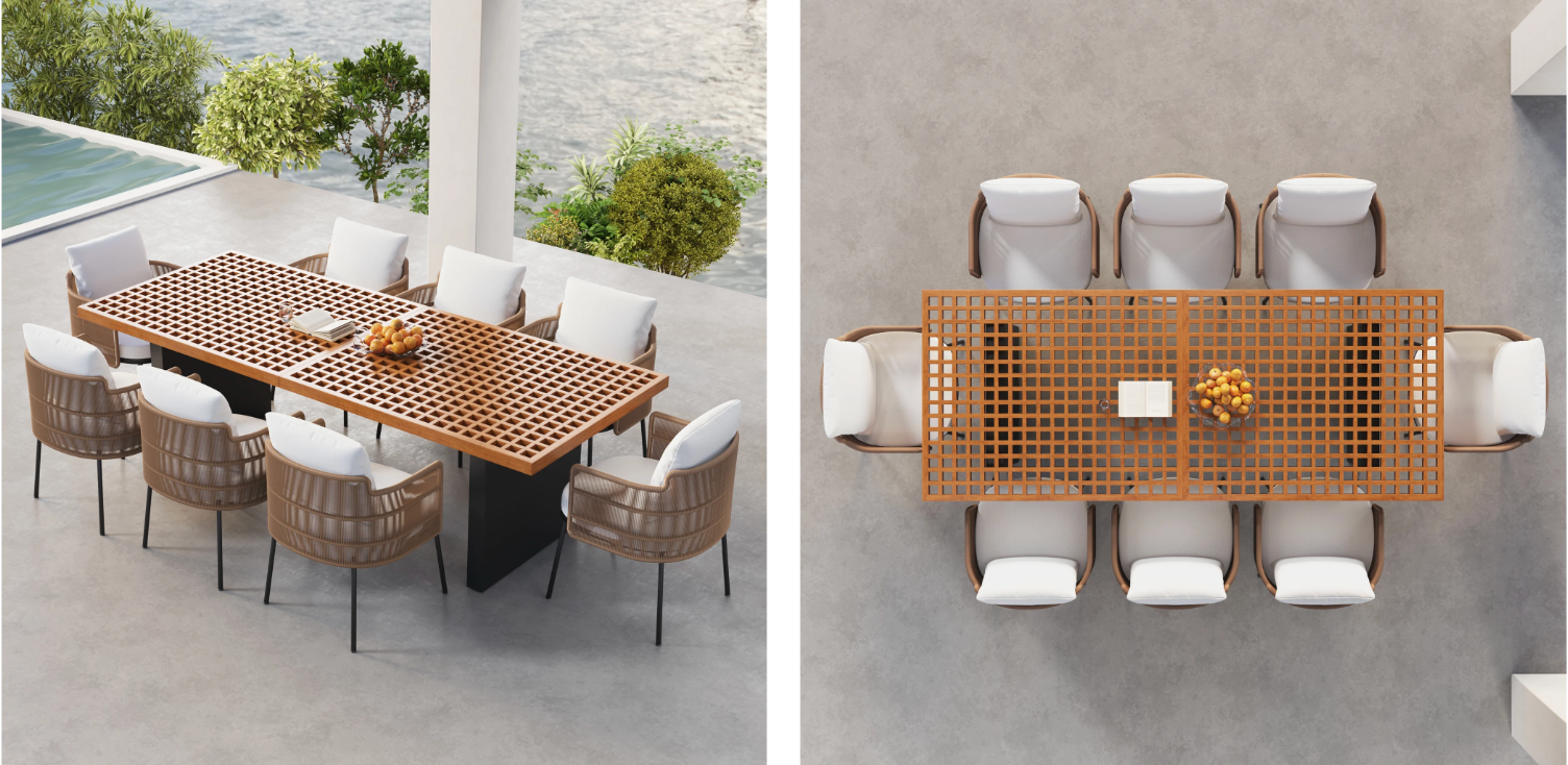 Grida Outdoor Teak & Aluminum Rectangular Dining Table, Seats 8 (94
