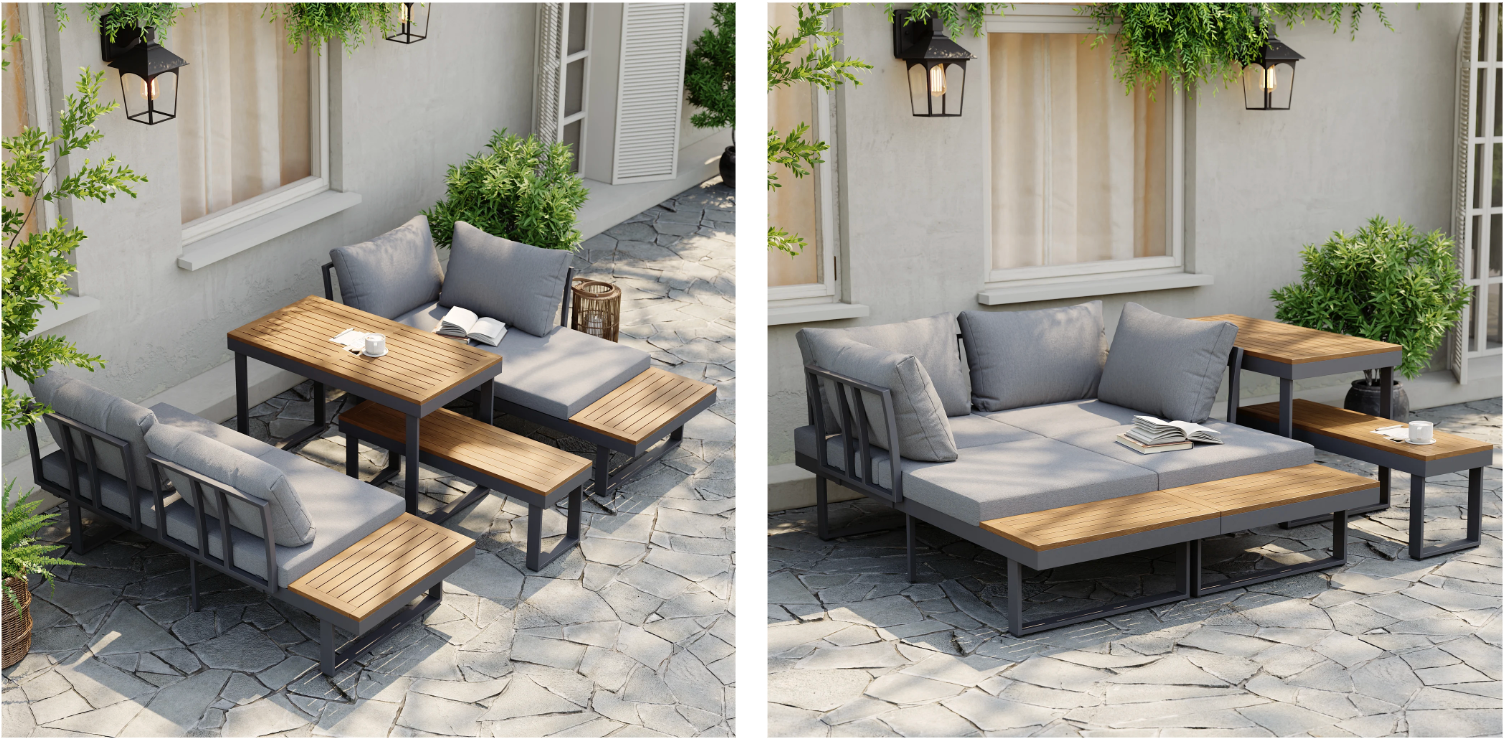 Slatera 4-Piece Outdoor Acacia & Aluminum Modular Sofa Set in Dark Gray