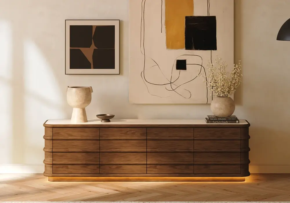 Ash Wood Walnut TV Stand with Sintered Stone Top, Drawers & LED