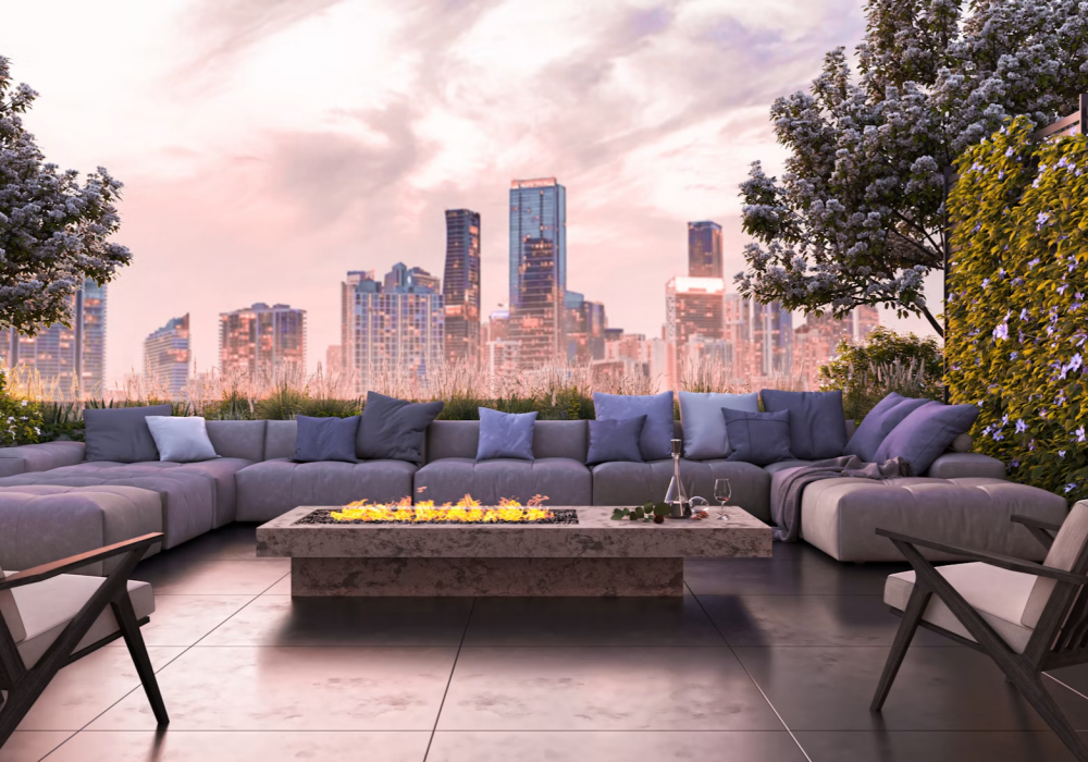 a living room filled with furniture and a fire pit