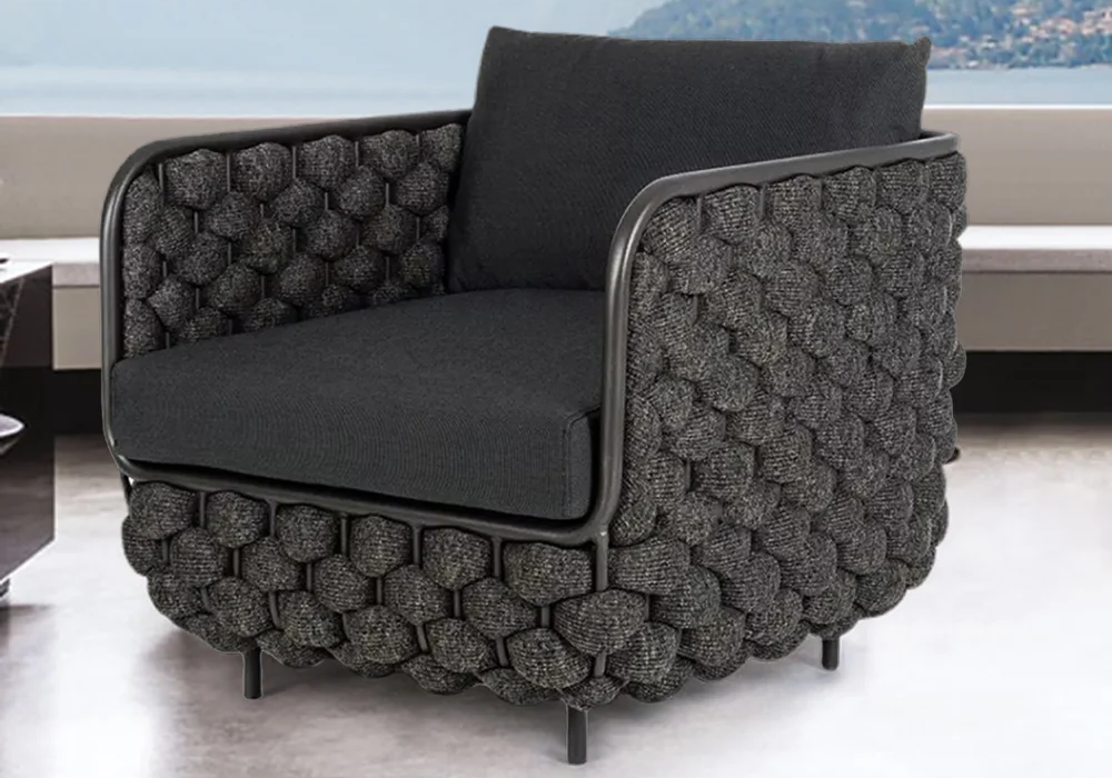 701 mm Wide Modern Aluminum & Rope Outdoor Patio Sofa with Cushion in Black