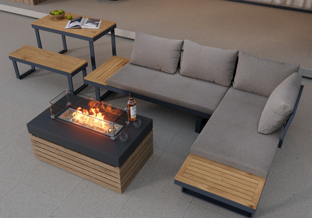 Aluminium Wood Outdoor Sectional Sofa With A Propane Gas Fire Pit Table With Glass Wind Guard