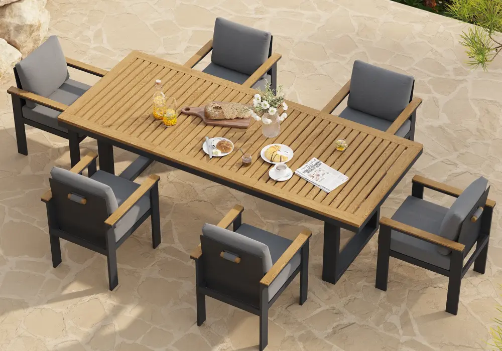 Tevara 7 Pieces Rectangle Teak & Aluminum Outdoor Patio Dining Set for 6 People