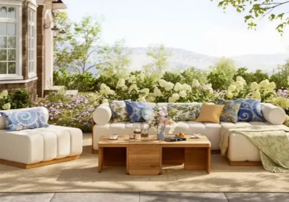 Modern & Minimalist Outdoor Design in White / Beige / Blue with Wooden & Cotton